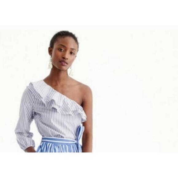 J. Crew Tops - J.Crew Blue White Striped Ruffled One-Shoulder Top Size 12